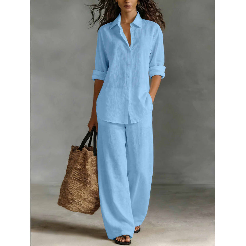 Women Casual Cotton Linen Shirt Pants Set