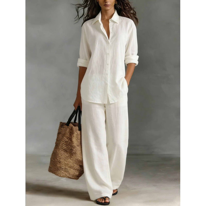 Women Casual Cotton Linen Shirt Pants Set