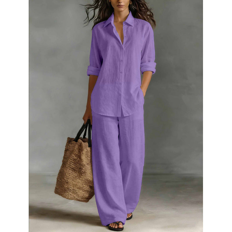 Women Casual Cotton Linen Shirt Pants Set