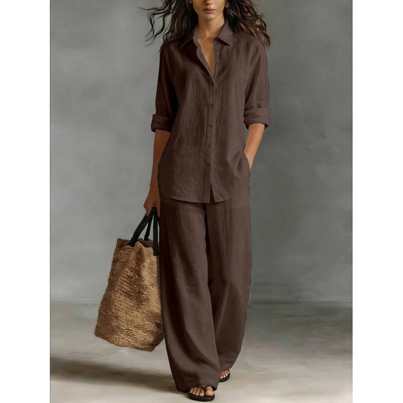 Women Casual Cotton Linen Shirt Pants Set