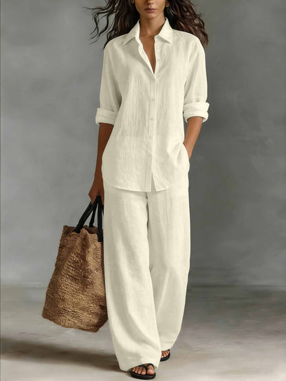 Women Casual Cotton Linen Shirt Pants Set