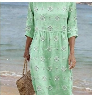 Women Casual Long Sleeve Round Neck Side Pocket Midi Dress