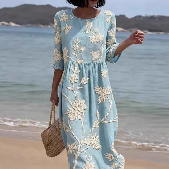 Women Casual Long Sleeve Round Neck Side Pocket Midi Dress