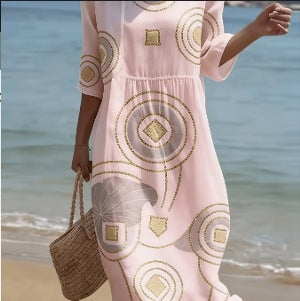 Women Casual Long Sleeve Round Neck Side Pocket Midi Dress