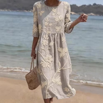 Women Casual Long Sleeve Round Neck Side Pocket Midi Dress