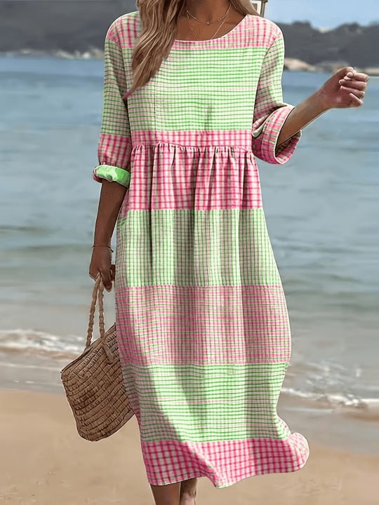 Women Casual Long Sleeve Round Neck Side Pocket Midi Dress