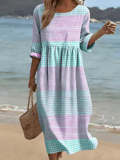 Women Casual Long Sleeve Round Neck Side Pocket Midi Dress