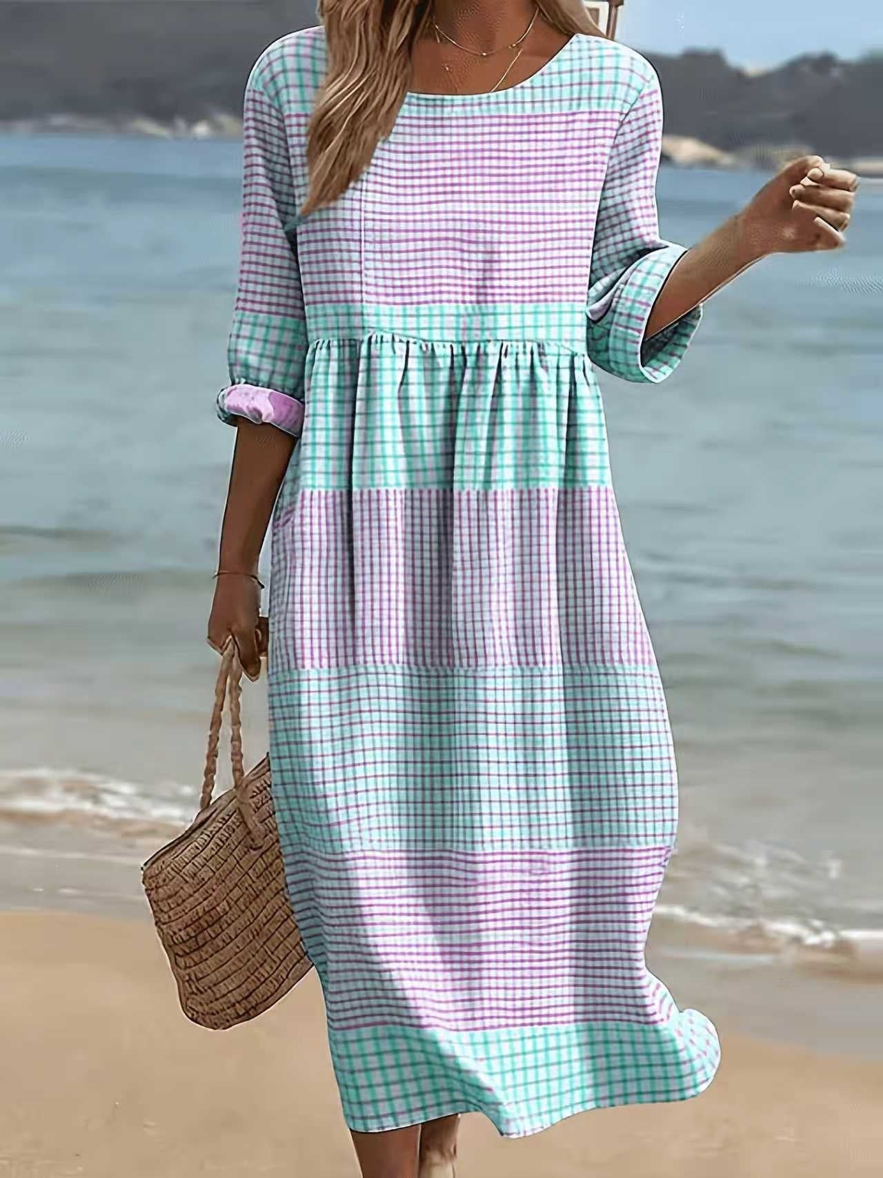 Women Casual Long Sleeve Round Neck Side Pocket Midi Dress