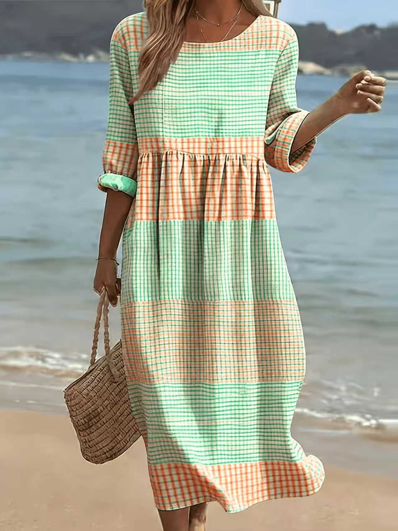 Women Casual Long Sleeve Round Neck Side Pocket Midi Dress