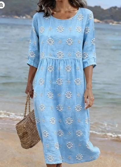 Women Casual Long Sleeve Round Neck Side Pocket Midi Dress