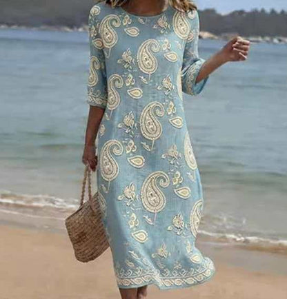 Women Casual Long Sleeve Round Neck Side Pocket Midi Dress