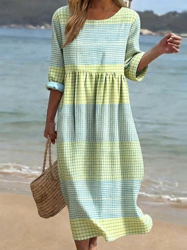 Women Casual Long Sleeve Round Neck Side Pocket Midi Dress