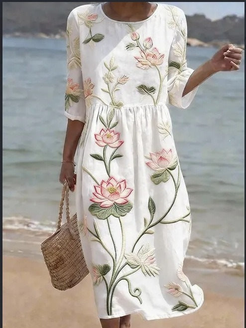 Women Casual Long Sleeve Round Neck Side Pocket Midi Dress