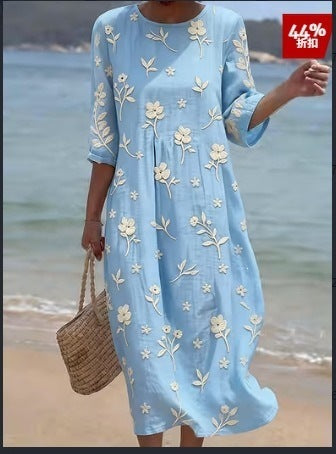 Women Casual Long Sleeve Round Neck Side Pocket Midi Dress