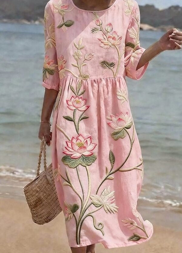 Women Casual Long Sleeve Round Neck Side Pocket Midi Dress