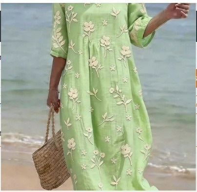 Women Casual Long Sleeve Round Neck Side Pocket Midi Dress