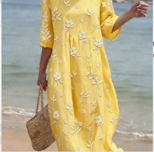 Women Casual Long Sleeve Round Neck Side Pocket Midi Dress