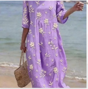 Women Casual Long Sleeve Round Neck Side Pocket Midi Dress