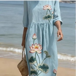 Women Casual Long Sleeve Round Neck Side Pocket Midi Dress