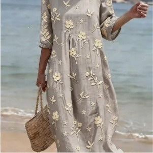 Women Casual Long Sleeve Round Neck Side Pocket Midi Dress