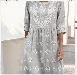 Women Casual Long Sleeve Round Neck Side Pocket Midi Dress