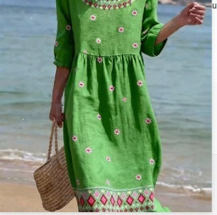 Women Casual Long Sleeve Round Neck Side Pocket Midi Dress