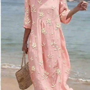 Women Casual Long Sleeve Round Neck Side Pocket Midi Dress