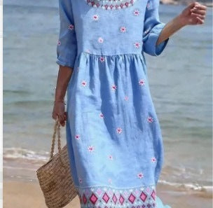 Women Casual Long Sleeve Round Neck Side Pocket Midi Dress