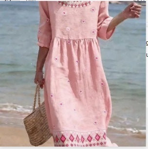 Women Casual Long Sleeve Round Neck Side Pocket Midi Dress