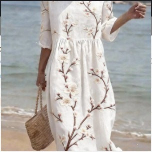 Women Casual Long Sleeve Round Neck Side Pocket Midi Dress