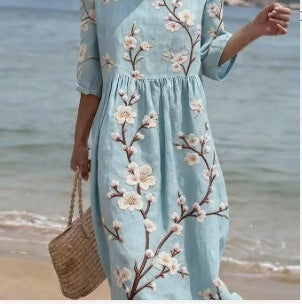 Women Casual Long Sleeve Round Neck Side Pocket Midi Dress