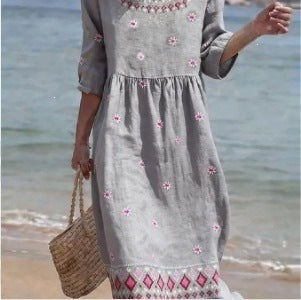 Women Casual Long Sleeve Round Neck Side Pocket Midi Dress