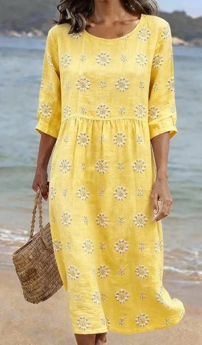 Women Casual Long Sleeve Round Neck Side Pocket Midi Dress