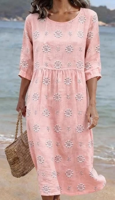 Women Casual Long Sleeve Round Neck Side Pocket Midi Dress