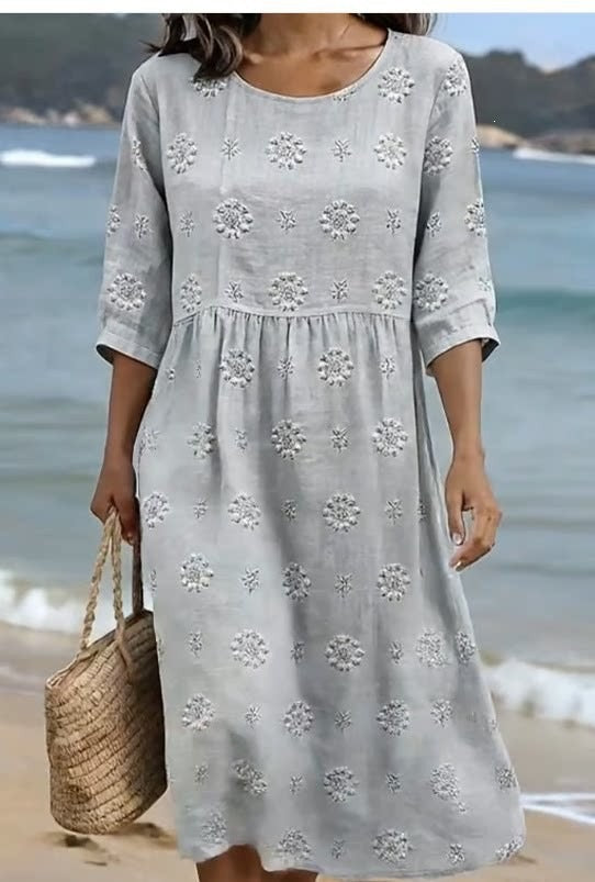 Women Casual Long Sleeve Round Neck Side Pocket Midi Dress
