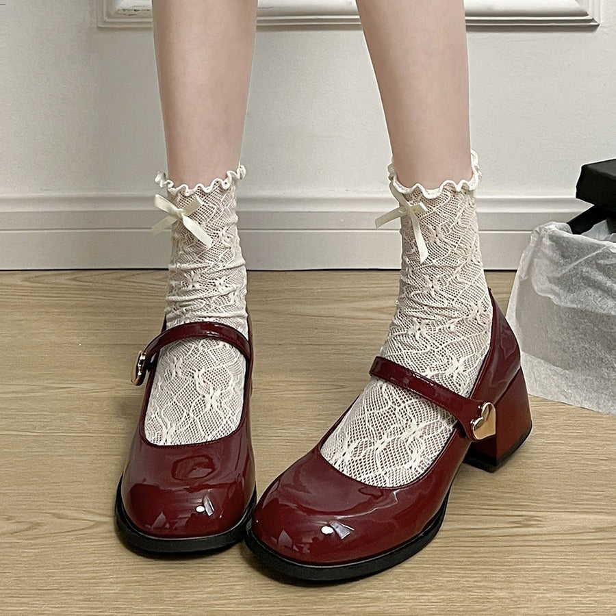 Women Casual Red Round Toe Thick Heel Mary Jane Shoes