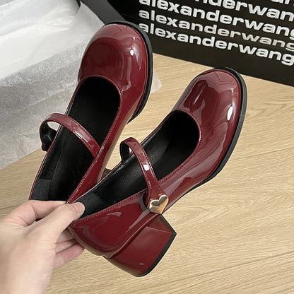 Women Casual Red Round Toe Thick Heel Mary Jane Shoes