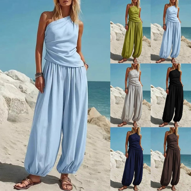 Women Casual Solid Color Sleeveless Vest and High Waist Loose Pants Set
