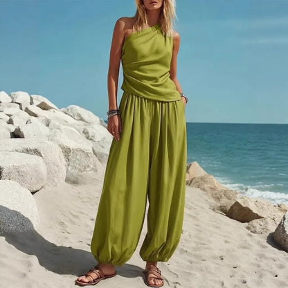 Women Casual Solid Color Sleeveless Vest and High Waist Loose Pants Set