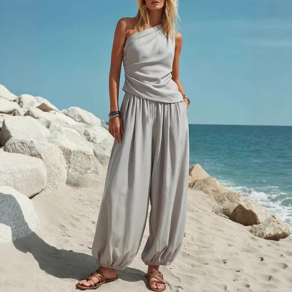 Women Casual Solid Color Sleeveless Vest and High Waist Loose Pants Set