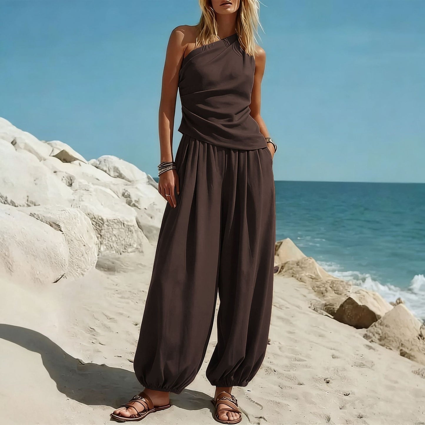 Women Casual Solid Color Sleeveless Vest and High Waist Loose Pants Set