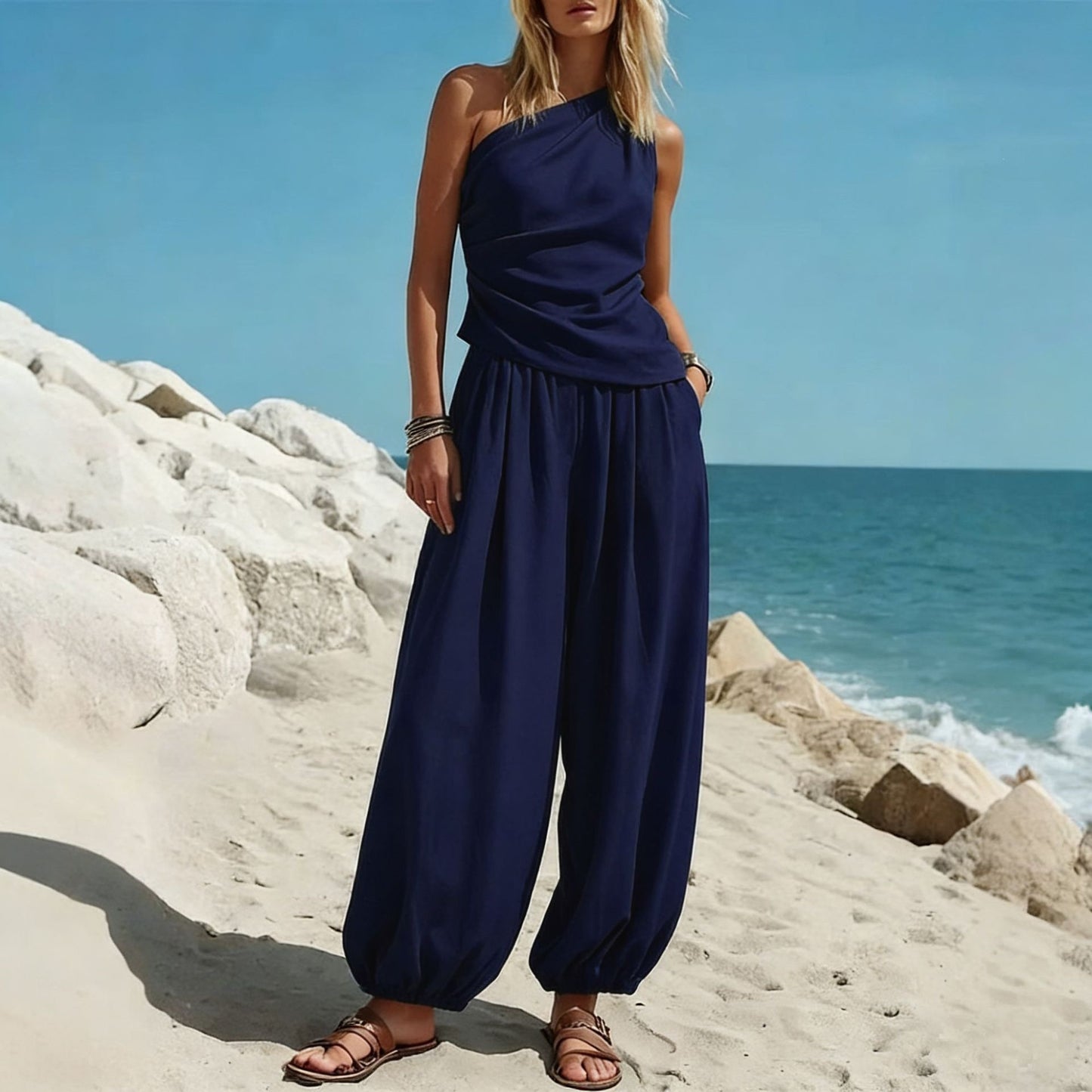 Women Casual Solid Color Sleeveless Vest and High Waist Loose Pants Set