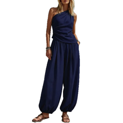 Women Casual Solid Color Sleeveless Vest and High Waist Loose Pants Set