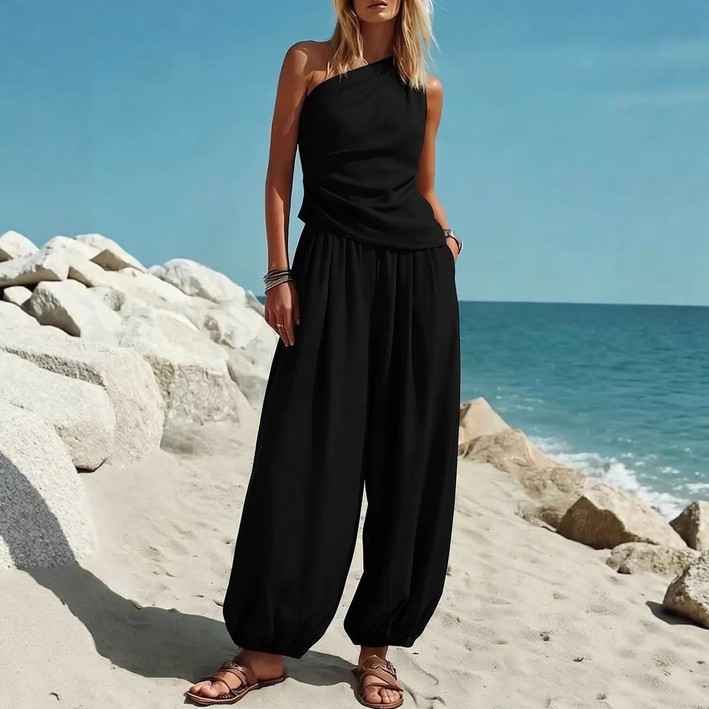 Women Casual Solid Color Sleeveless Vest and High Waist Loose Pants Set