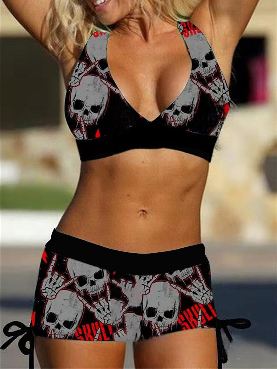 Women Conservative Bikini Swimsuit Skull Print