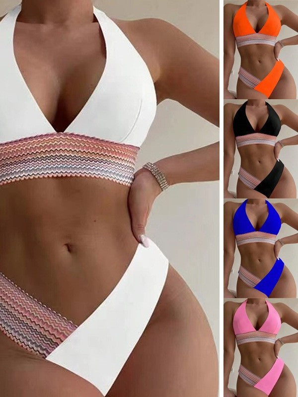 Women Contrasting Color Deep V Bikini Set Sports Swimsuit