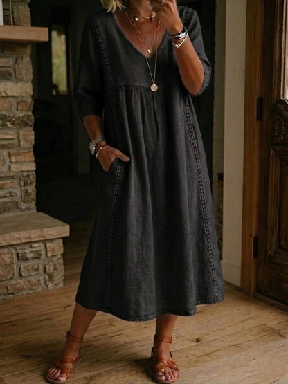 Women Cotton Linen V-Neck Loose A-Line Midi Dress