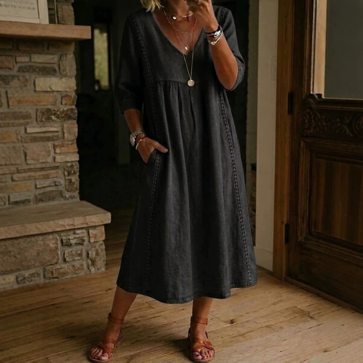 Women Cotton Linen V-Neck Loose A-Line Midi Dress