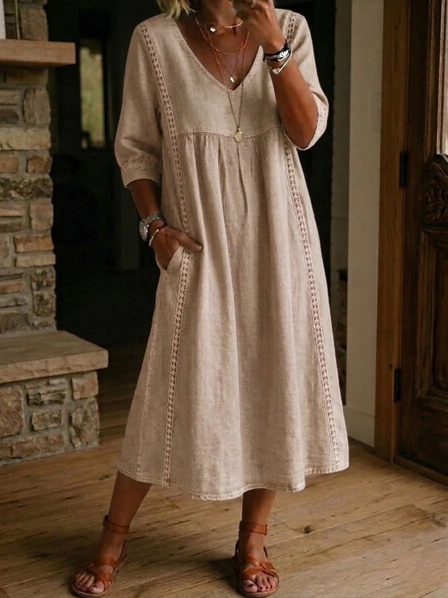 Women Cotton Linen V-Neck Loose A-Line Midi Dress