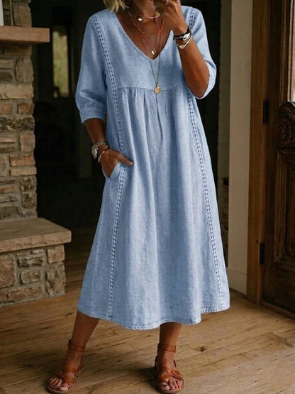 Women Cotton Linen V-Neck Loose A-Line Midi Dress